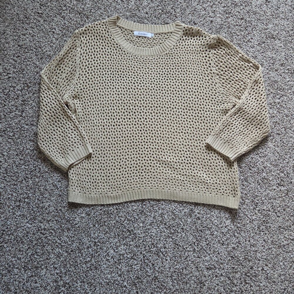 Anrabess Womens Open Knit Beige Sweater Top Size L Sheer Beachy Crew Neck